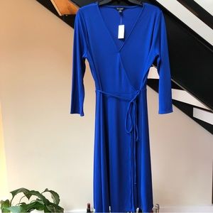 Women’s Royal Blue Jersey Wrap Dress, V-Neck 3/4 Sleeve, NW/Mfg Tag, Size M